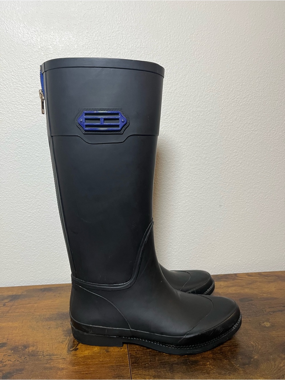 Tommy Hilfiger Black Tall Riding Style Rain Boots with Blue Trim